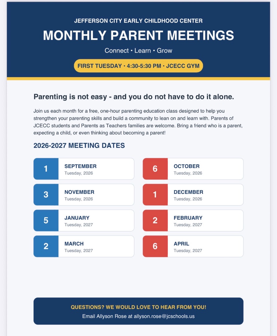 Parent Meeting schedule for 2026-2027