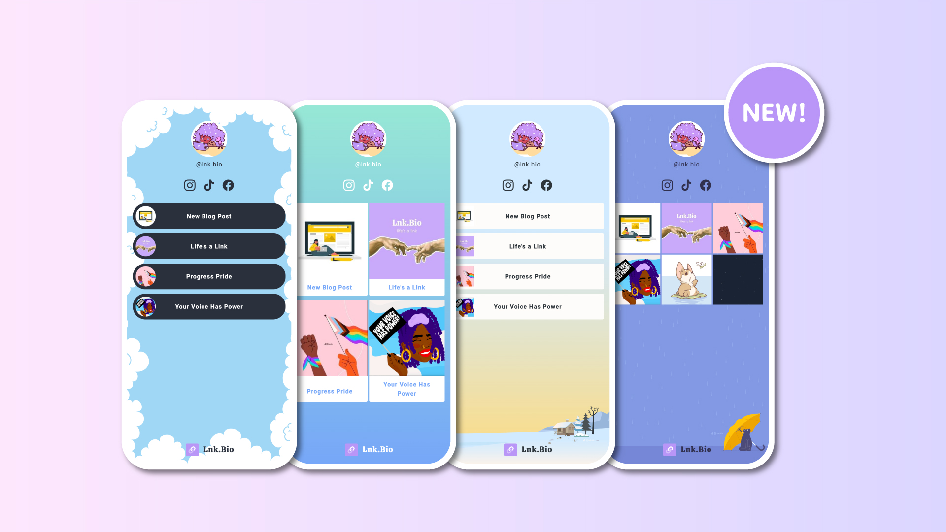 23 new free linkinbio templates: Cyberpunk, Rainbow, Knitting and more