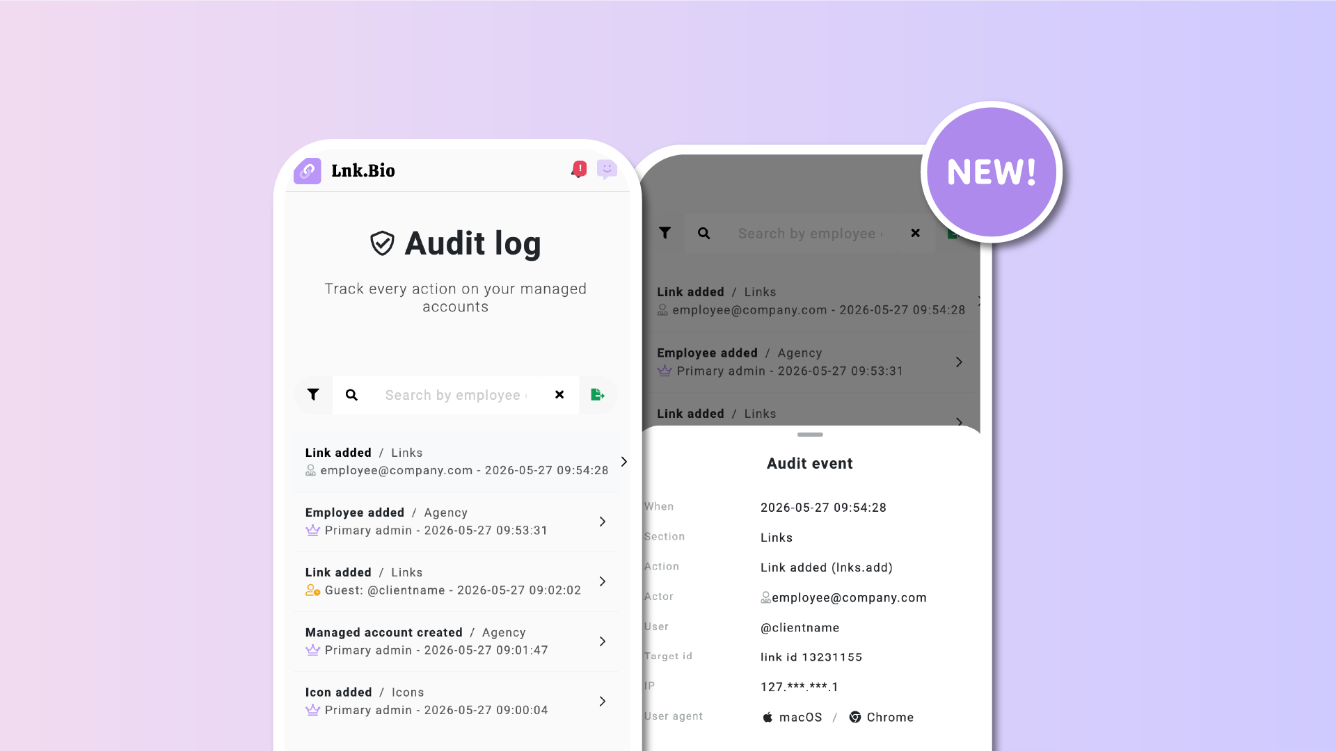 Buong audit logs para sa mga ahensya at Multi Accounts sa Lnk.Bio