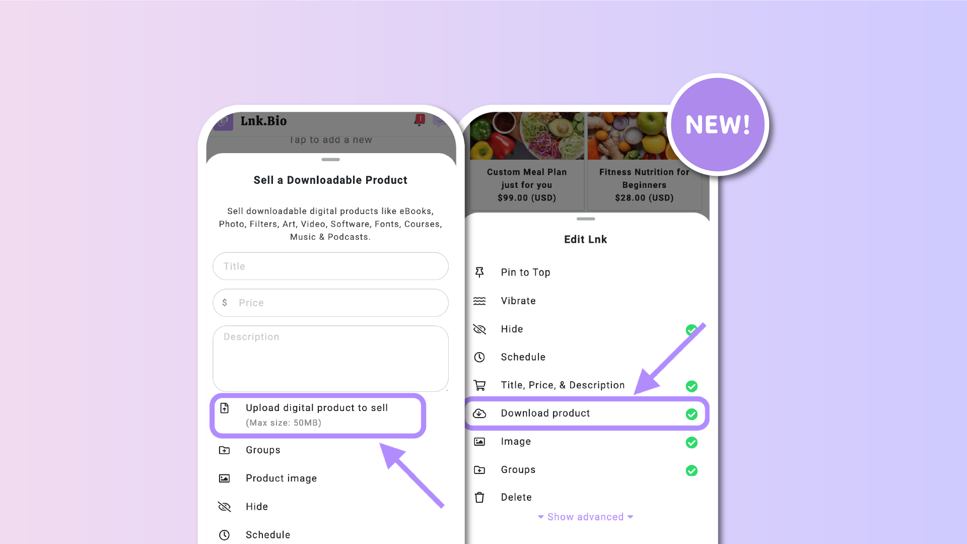 Lnk.Bio Shop updates: increased upload limits & product preview