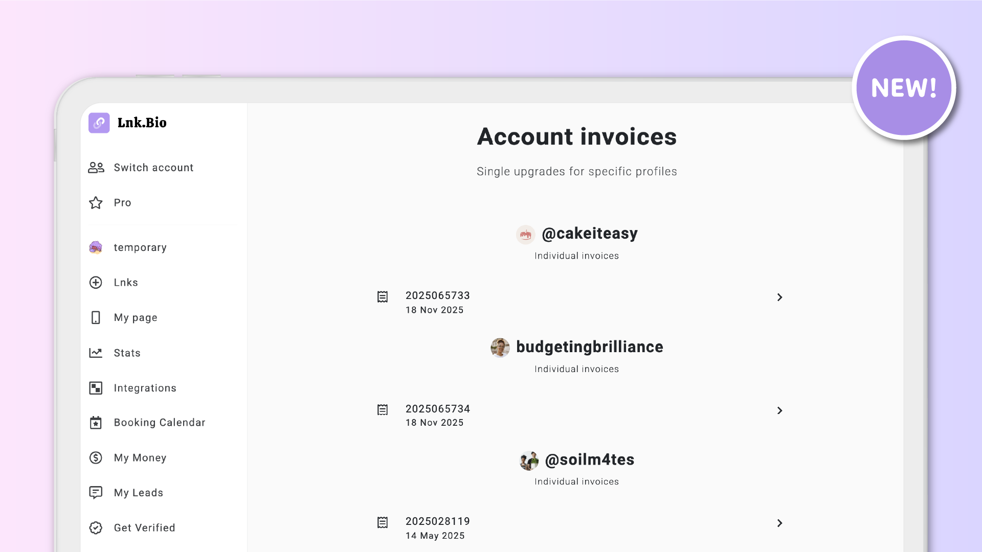 Multi Account: acesse todas as faturas de conta única a partir de um único painel.