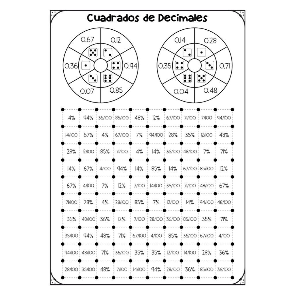 Cuadrados de Decimales, Fracciones y Porcentajes