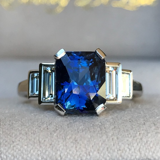 Cornflower Blue Sapphire Diamond Baguette Ring