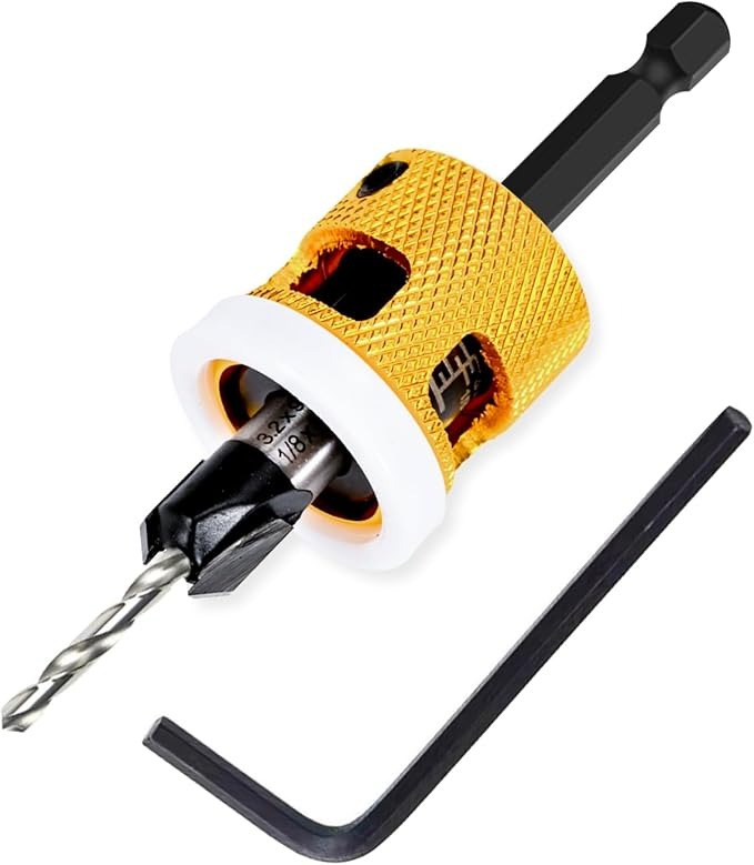 Adjustable Depth 1/8" x3/8" Countersink Drill Bit, Low Friction Stop Prevent Scratches, 1/4" Hex Shank for Quick Change, Replaceable HSS Pilot Drill Bit for Wood, Plastic, Woodworking