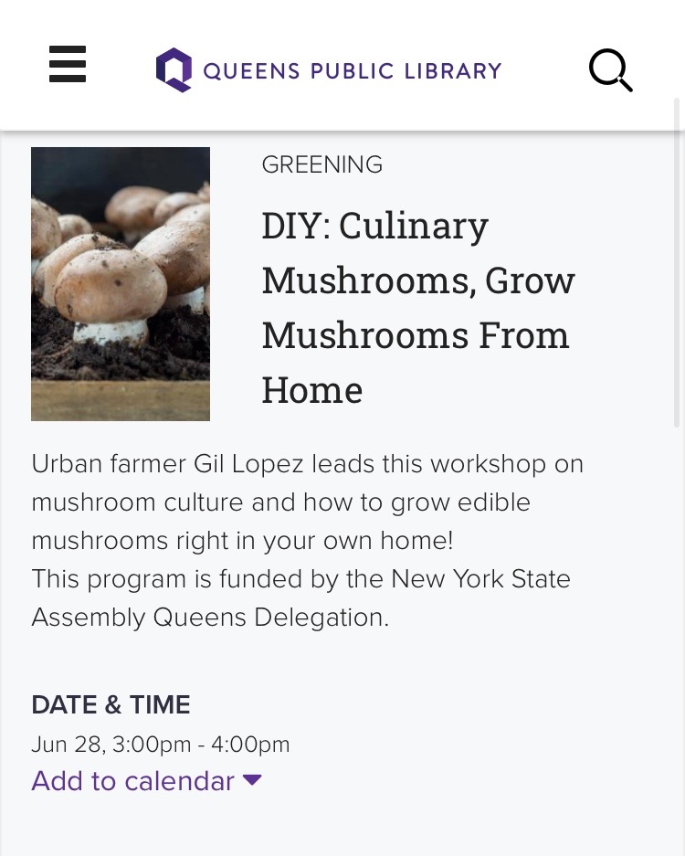 6/28, 3-4pm | DIY Mushroom Cultivation (Queens Library @ Sunnyside)
