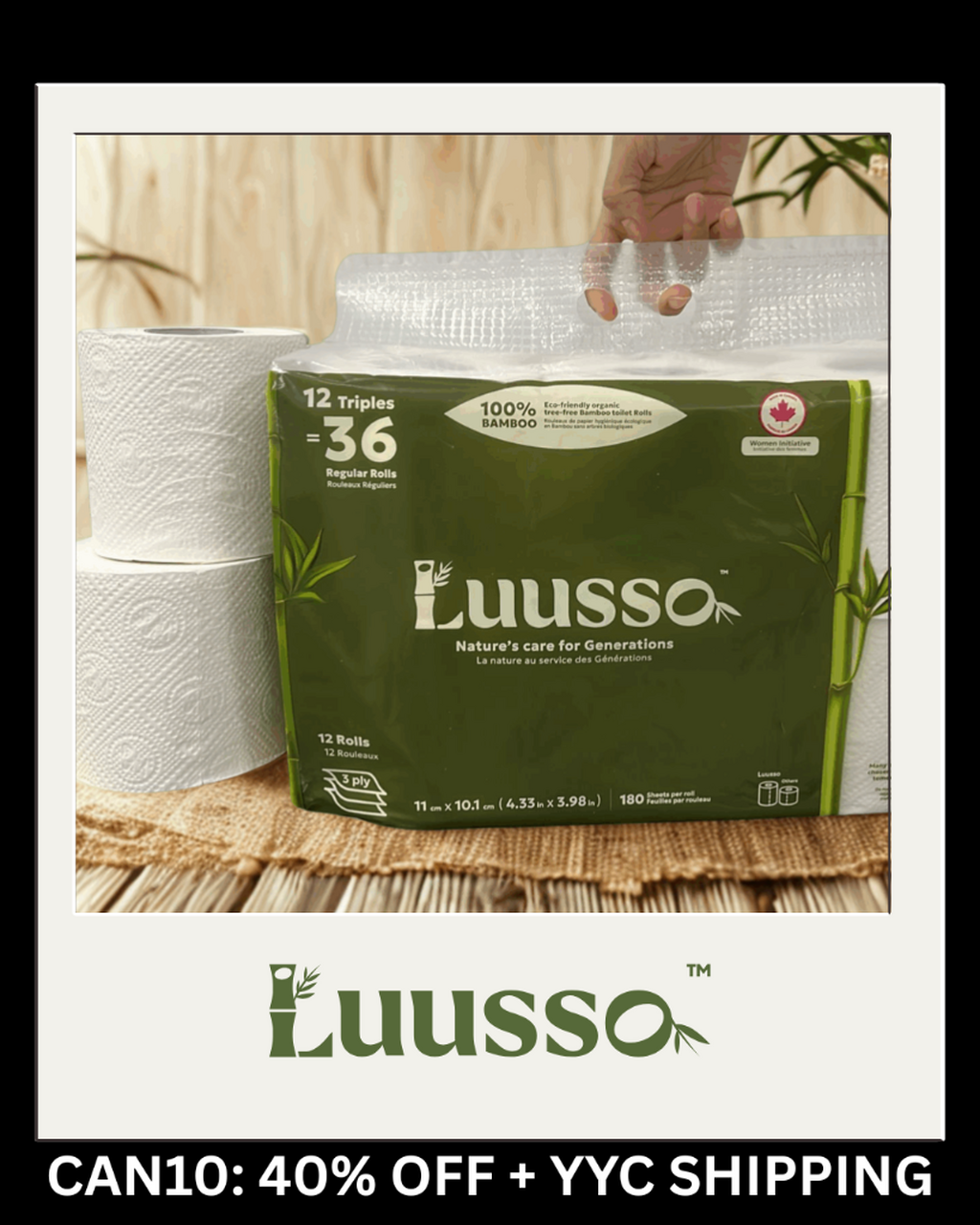 Luusso Premium Bamboo Toilet Paper, 3-ply, septic safe, Calgary Stampede, promo code, discount, free shipping, 40% off