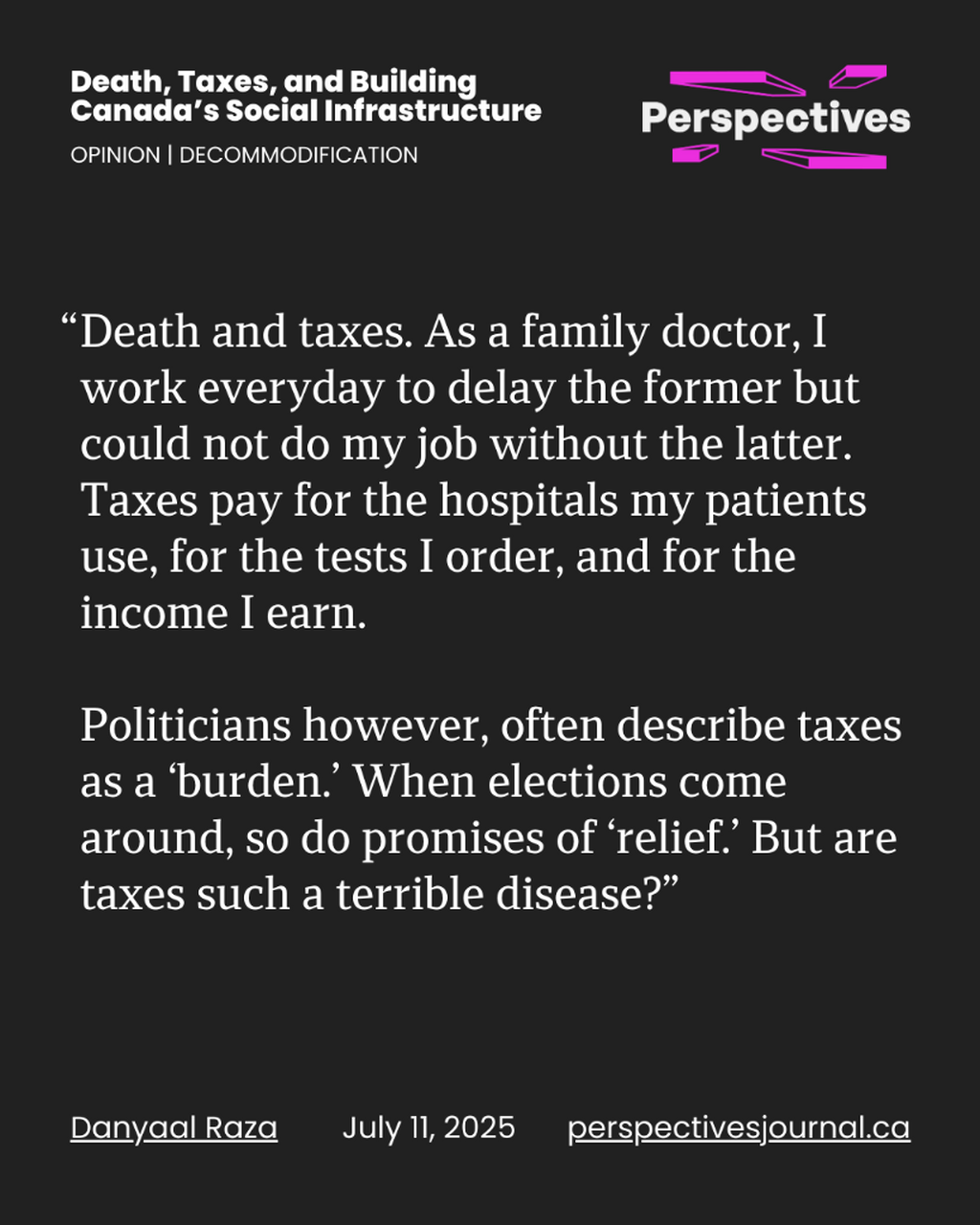 Death, Taxes, and Building Canada&rsquo;s Social Infrastructure | Perspectives Journal