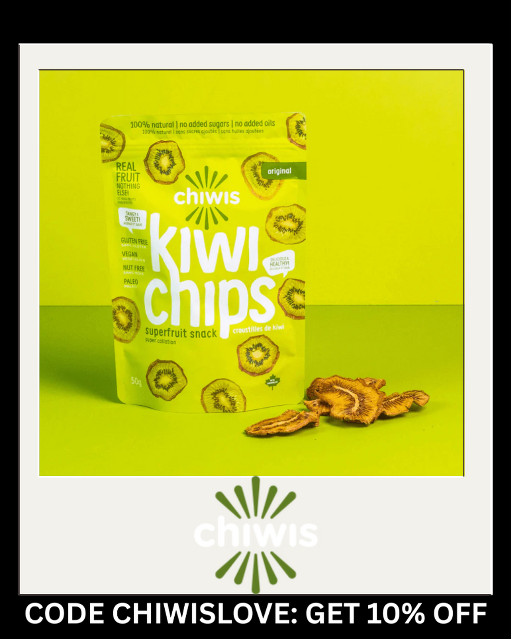 Chiwis, fruit chip, kiwi, orange, apple, superfood, snack, discount code, promo code
