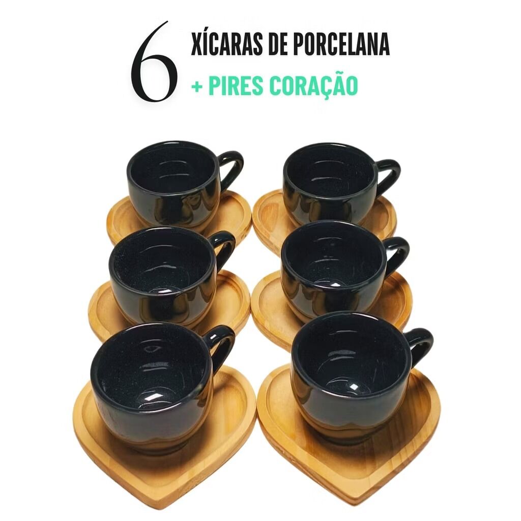 Jogo de x&iacute;caras com pires de cora&ccedil;&atilde;o (6 p&ccedil;s)