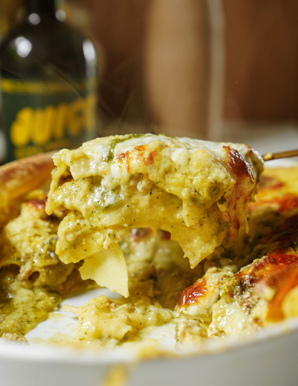 Chicken Pesto Lasagna with a Corn Cream Sauce