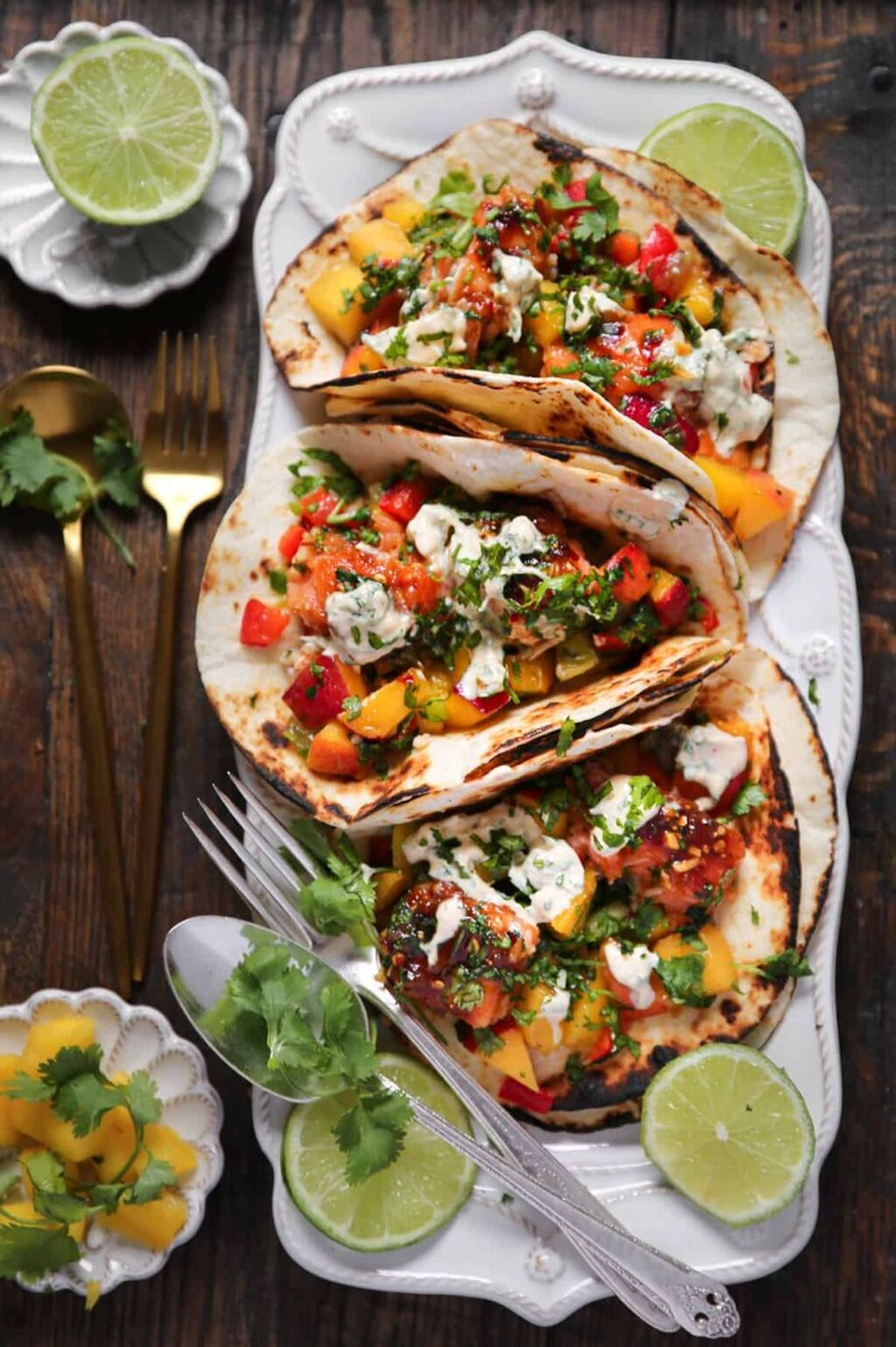 Salmon Tacos with Mango Peach Salsa