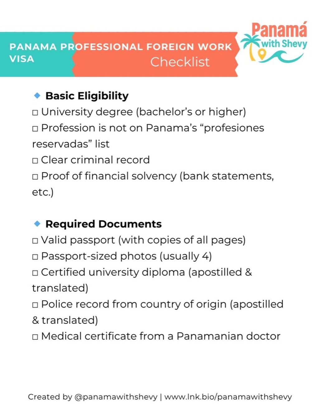 Panama Professional Foreign Work Visa CHECKLIST