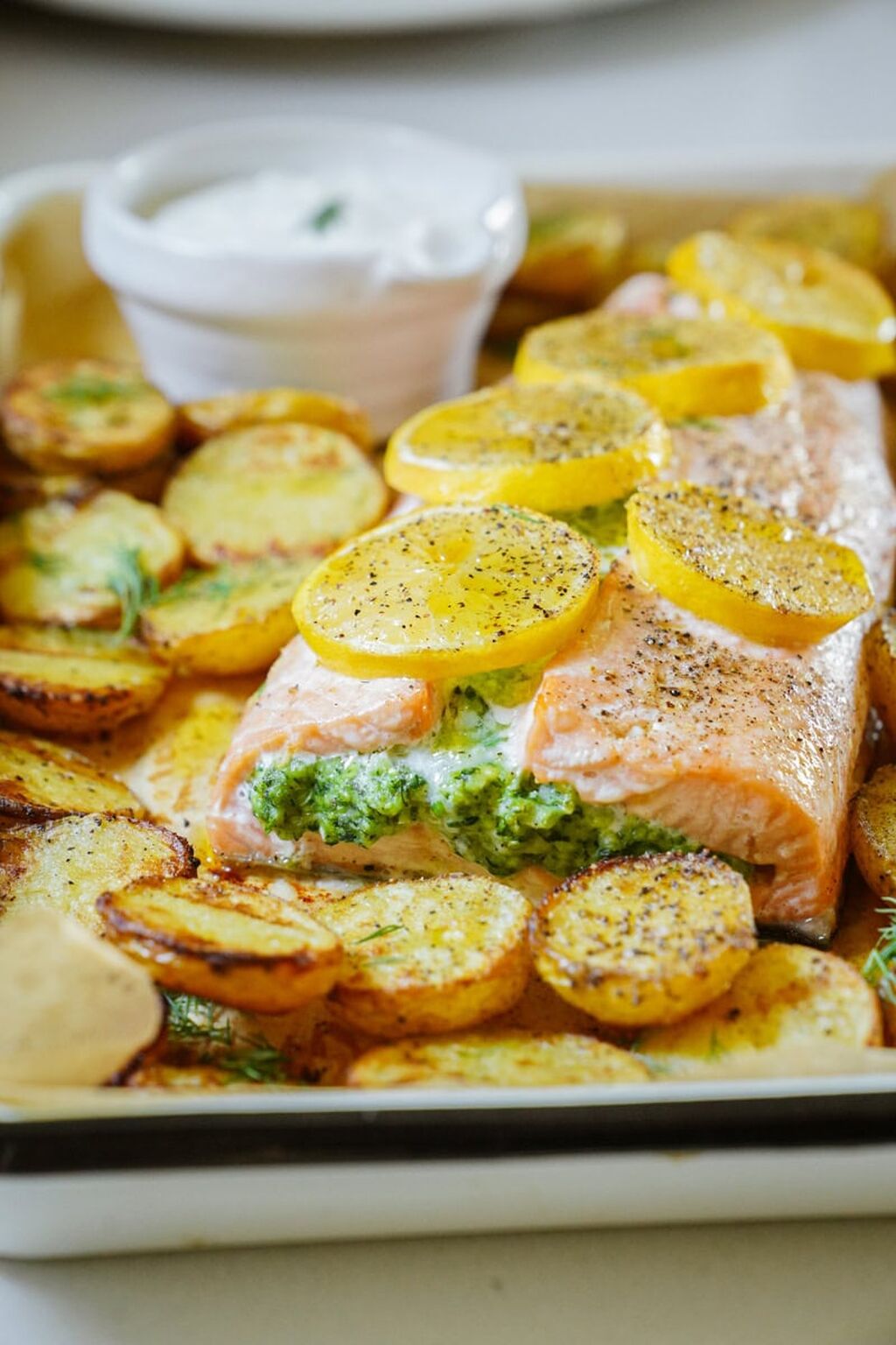 Shrimp, Feta + Spinach Stuffed Salmon
