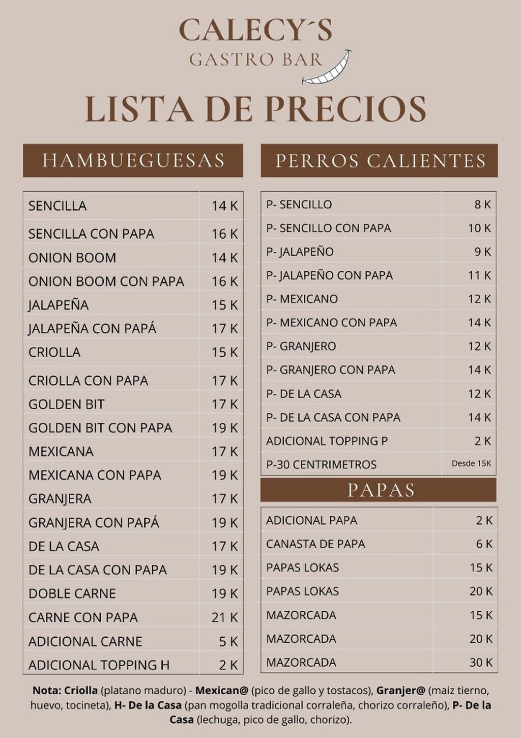MEN&Uacute; CALECY&acute;S GASTRO-BAR