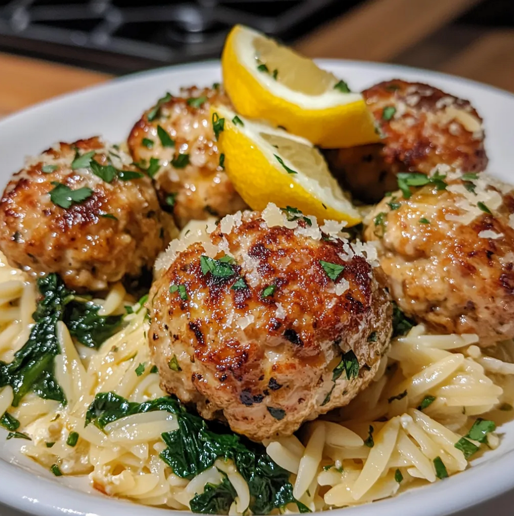 Lemony Chicken Ricotta Meatballs & Garlic Spinach Orzo