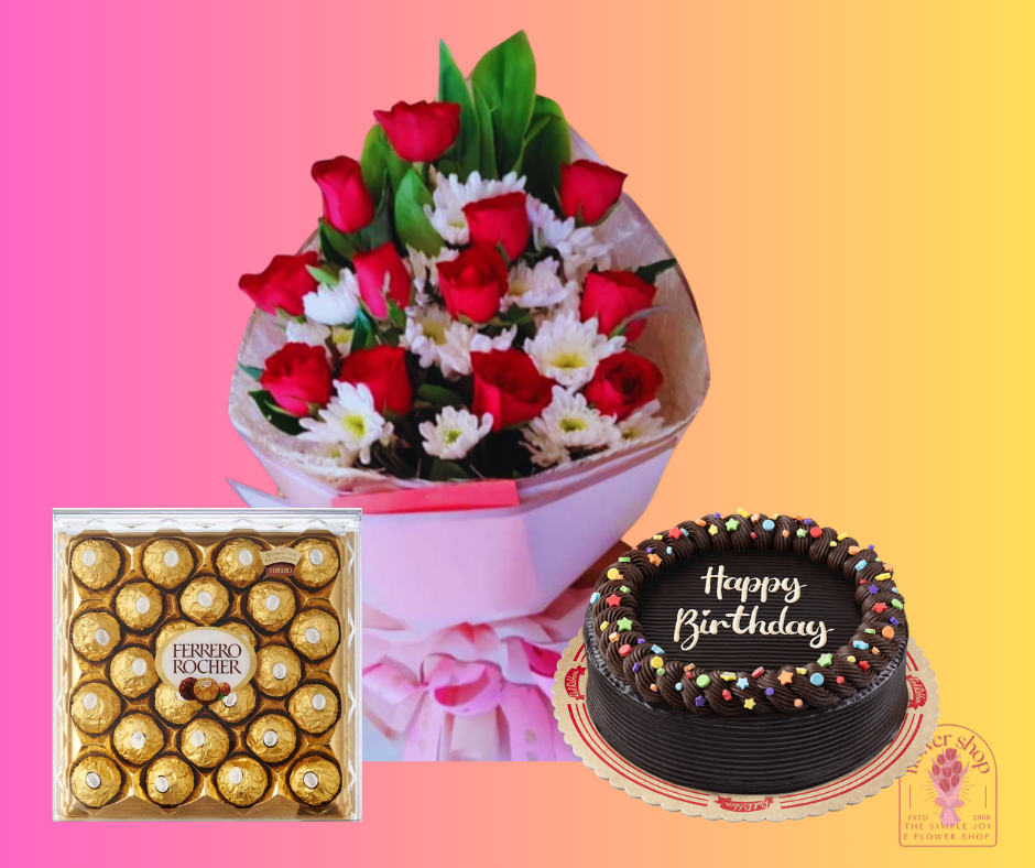   Roses Bouquet ,Cake and Ferrero