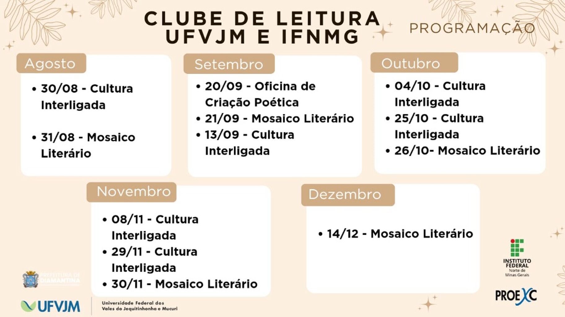 CRONOGRAMA CLUBE DE LEITURA 
