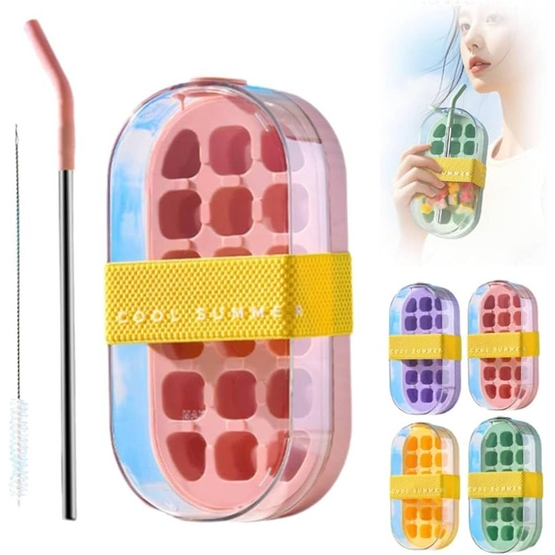 Ice Cube Molder Ice Cube Tray with Lid and Bin 2 Pack Ice Lattice fro Freezer, 64 Pcs Ice Cube Maker