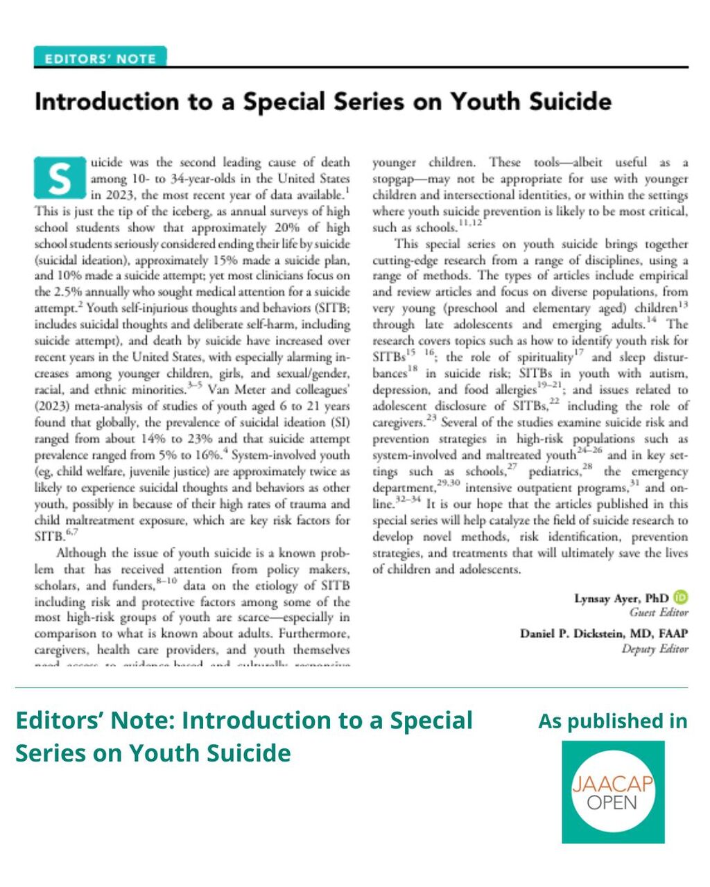 JAACAP 0925 Editors' Note Youth Suicide