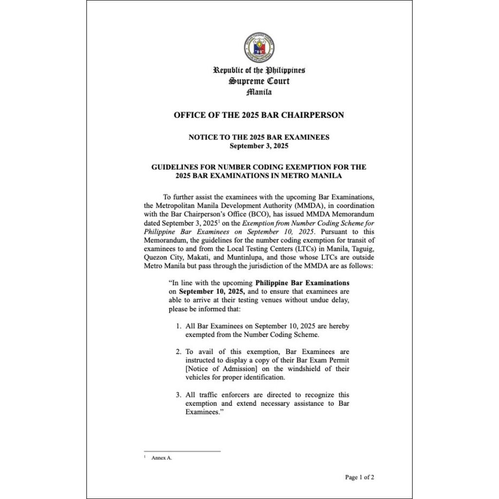 Guidelines for Number Coding Exemption for the 2025 Bar Examinations