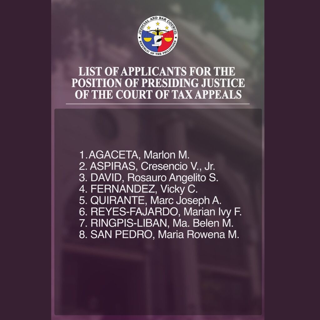 Judicial and Bar Council releases list of applicants for the position of Presiding Justice of the Court of Tax Appeals 