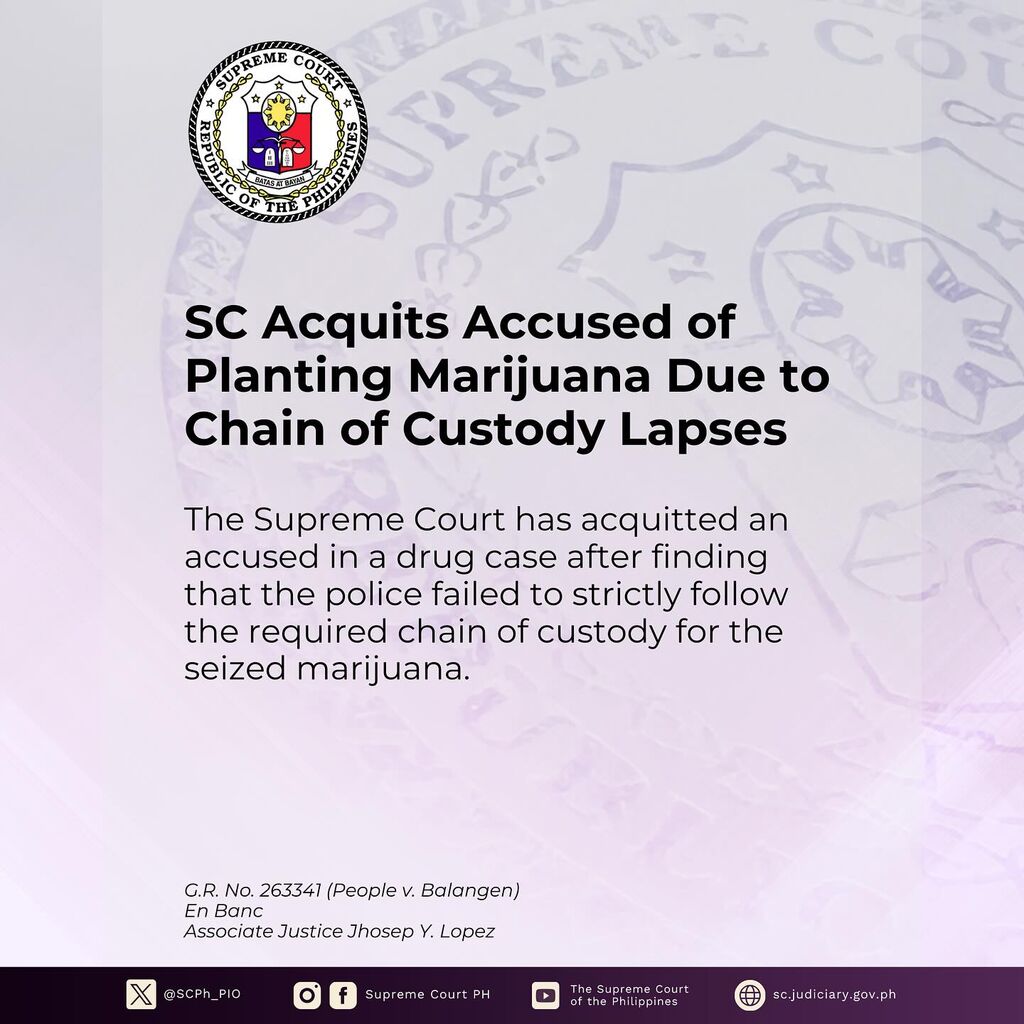 SC Acquits Accused of Planting Marijuana Due to Police Chain of Custody Lapses