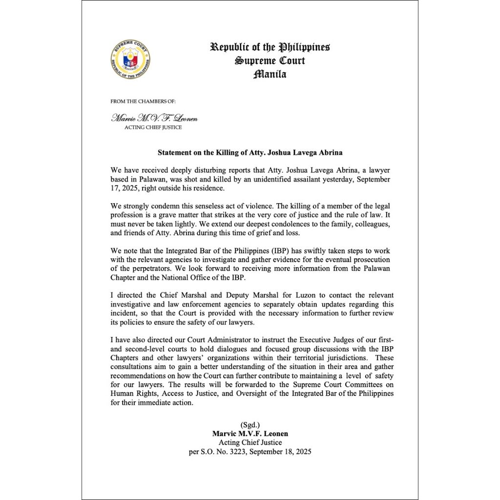 Statement on the Killing of Atty. Joshua Lavega Abrina
