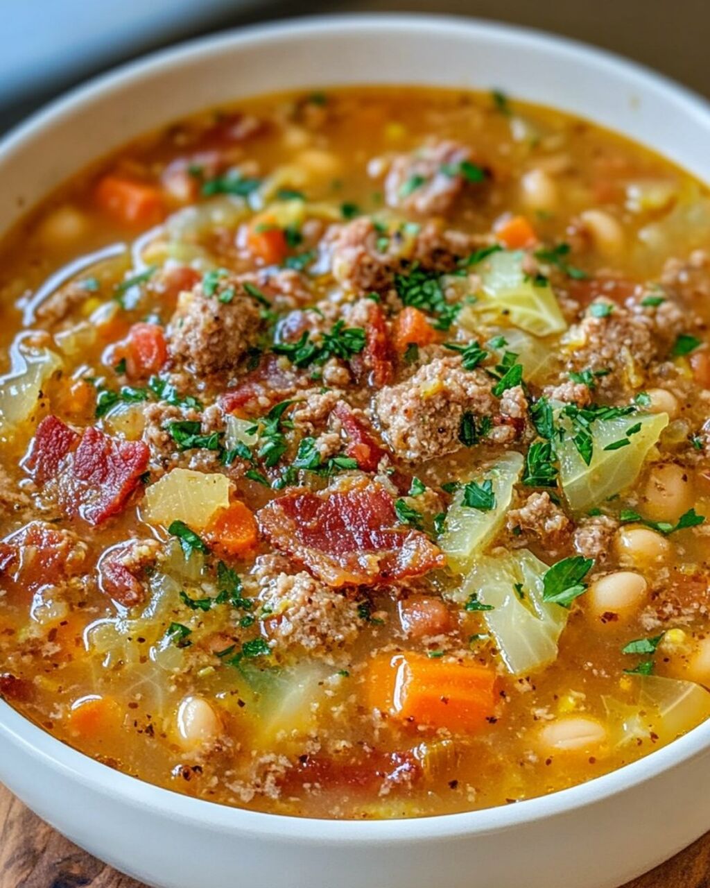 Hearty Sausage Bacon and Cabbage Soup