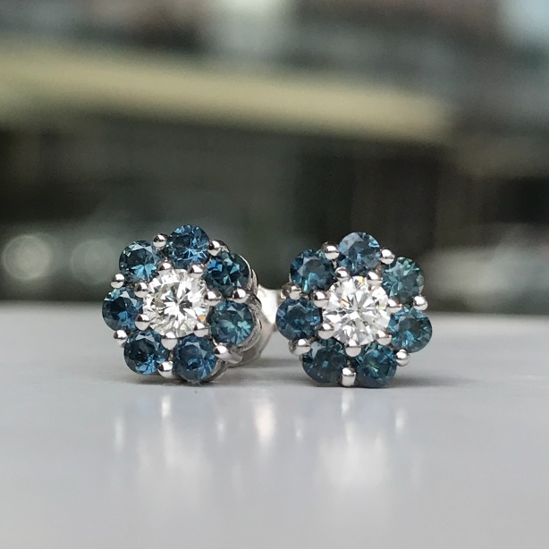 Teal Blue Sapphire Flower Cluster Earrings
