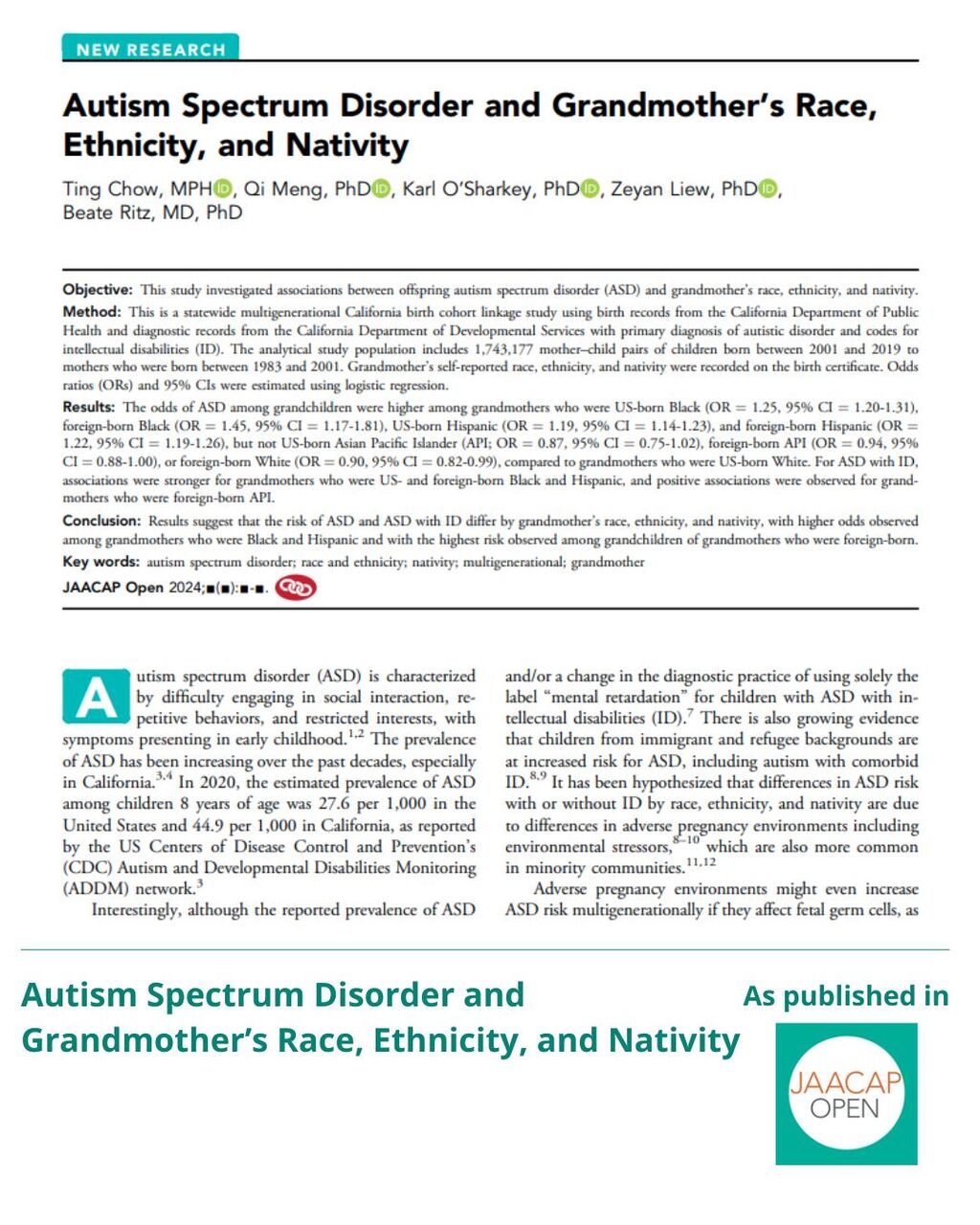 JO 0925 Autism Spectrum Disorder and Grandmother&rsquo;s Race, Ethnicity, and Nativity