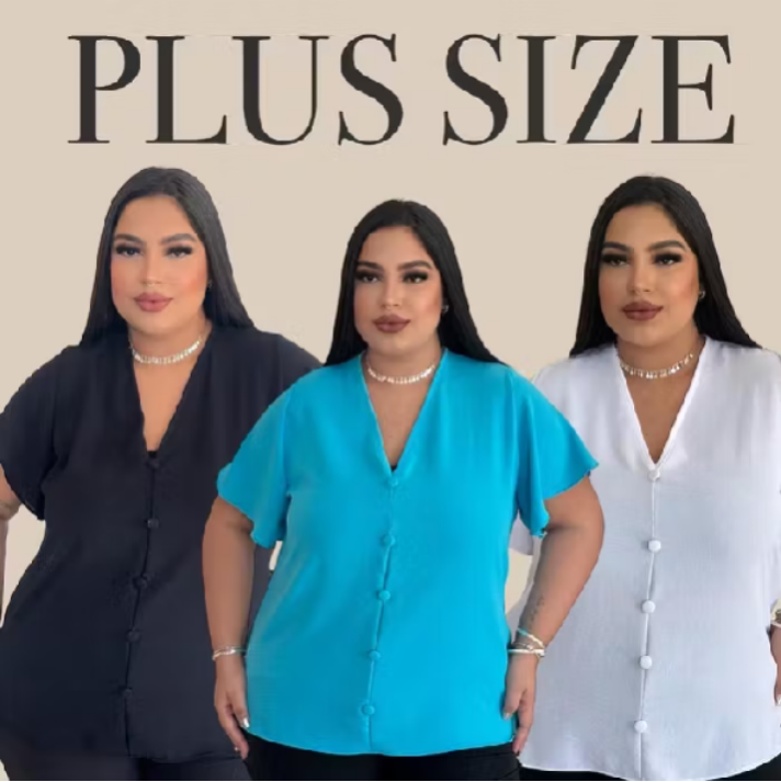 Blusa larguinha plus size manga curta soltinha tecido duna estilo camisa com bot&otilde;es cobertos GG G1 G