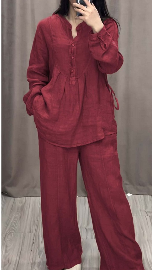 Conjunto Feminino Casual de Algod&atilde;o e Linho, Manga Longa, Blusa Tipo Cardig&atilde; com Bot&otilde;es + Cal&ccedil;a Larga Confort&aacute;vel
