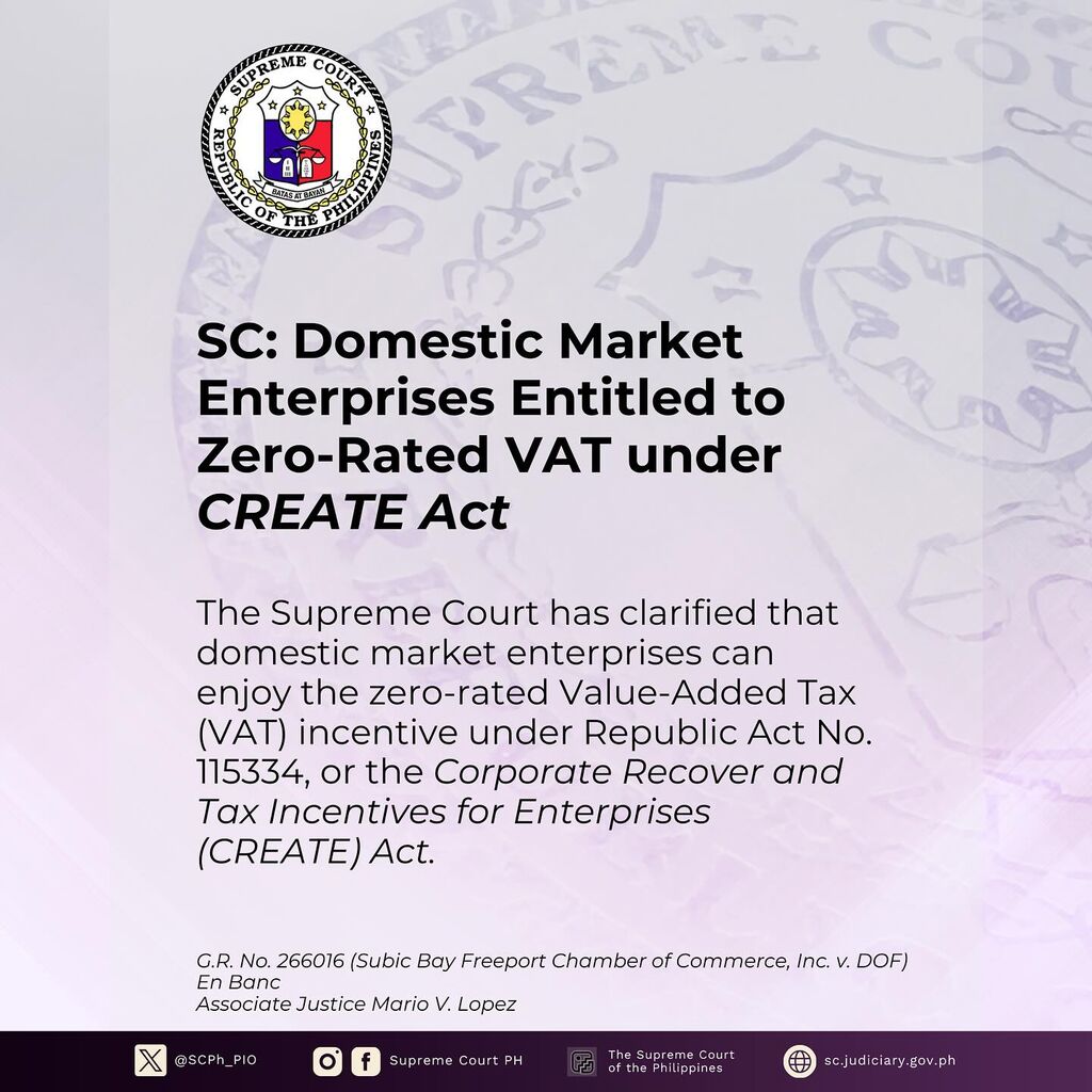 SC: Domestic Market Enterprises Entitled to Zero-Rated VAT under CREATE Act
