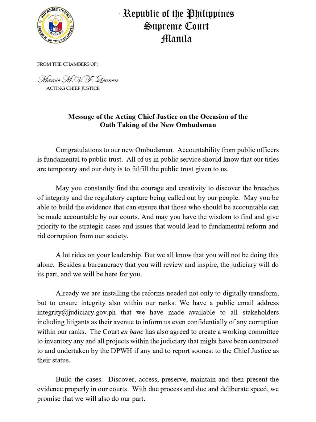  Message of Acting Chief Justice Marvic M.V.F. Leonen on the Occasion of the Oath Taking of the New Ombudsman