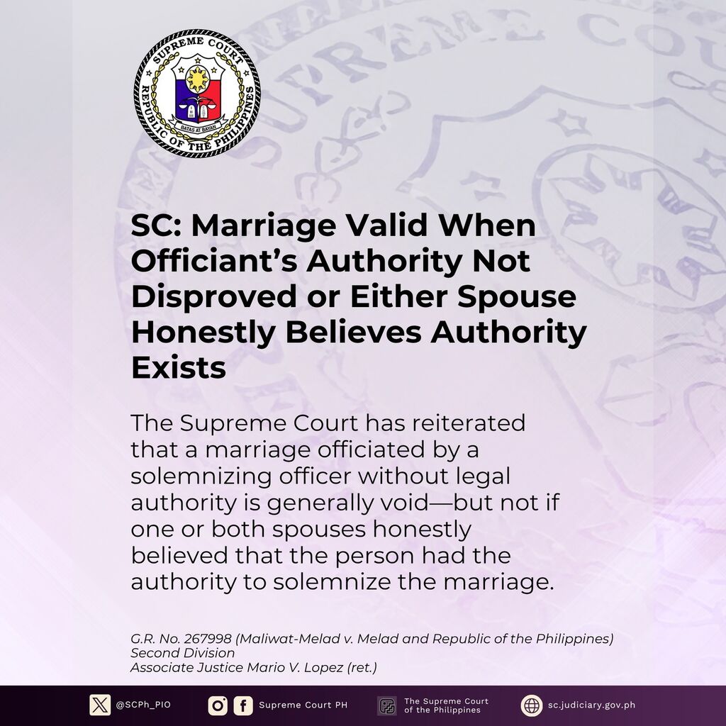 SC Upholds Marriage Validity Despite Officiant&rsquo;s Lack of Authority, Citing Honest Belief of Spouse