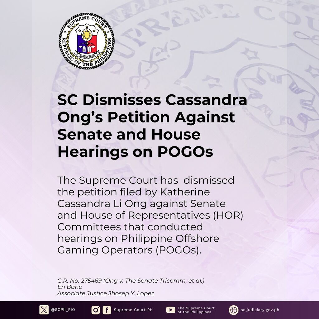 SC Dismisses Cassandra Ong&rsquo;s Petition Against Senate and House Hearings on POGOs