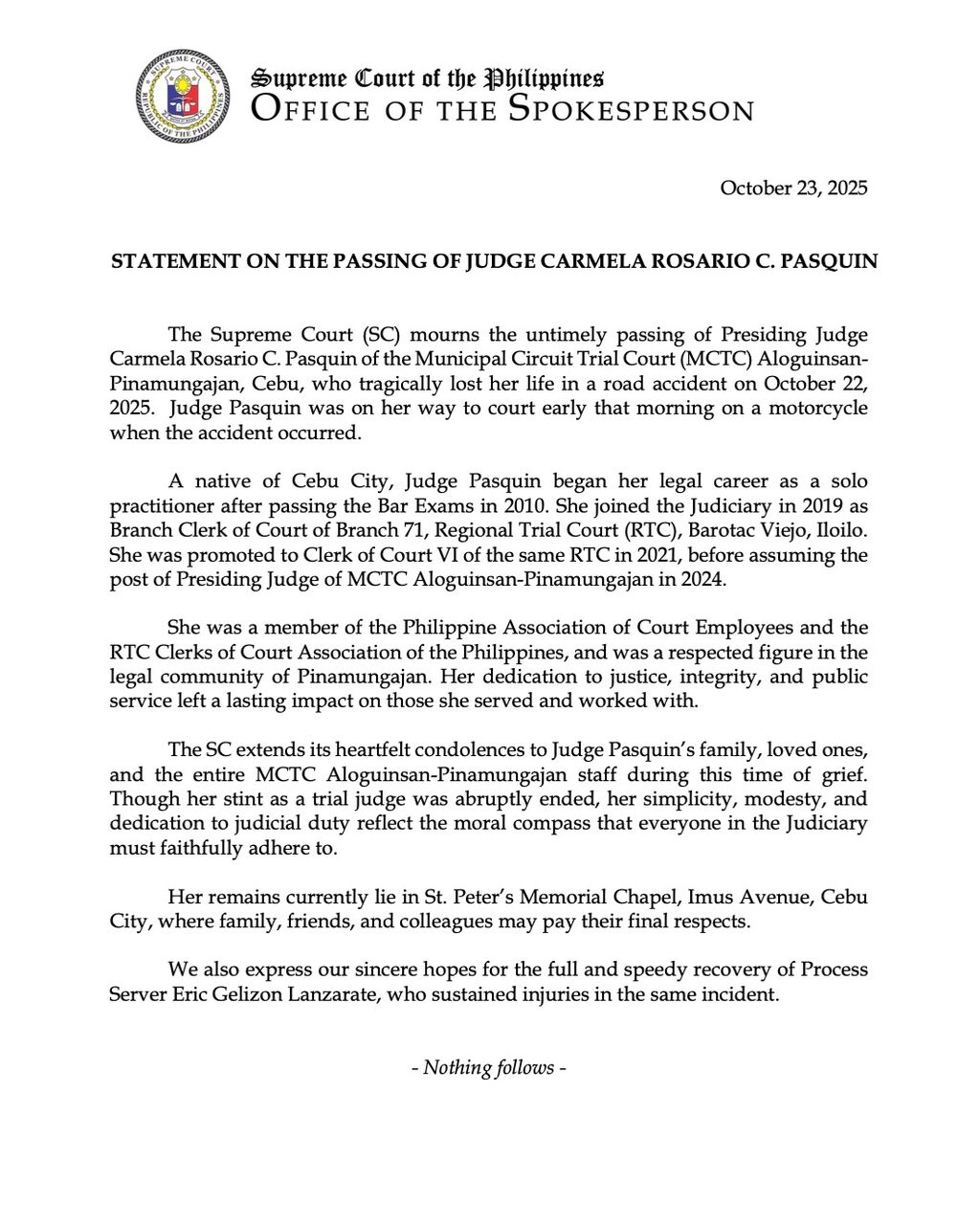 Statement of the #SupremeCourtPH Office of the Spokesperson on the passing of Judge Carmela Rosario C. Pasquin.