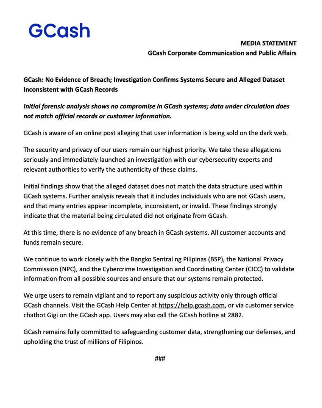INFOTECH PERSONAL FINANCE GCash: No Evidence of Breach; Investigation Confirms Systems Secure and Alleged Dataset Inconsistent with Cash Records