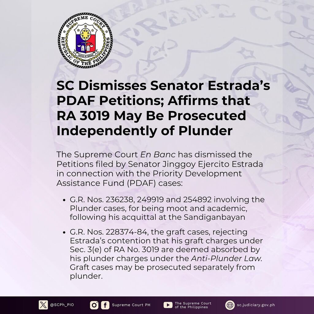 SC Dismisses Senator Estrada&rsquo;s PDAF Petitions; Affirms that RA 3019 May Be Prosecuted Independently of Plunder