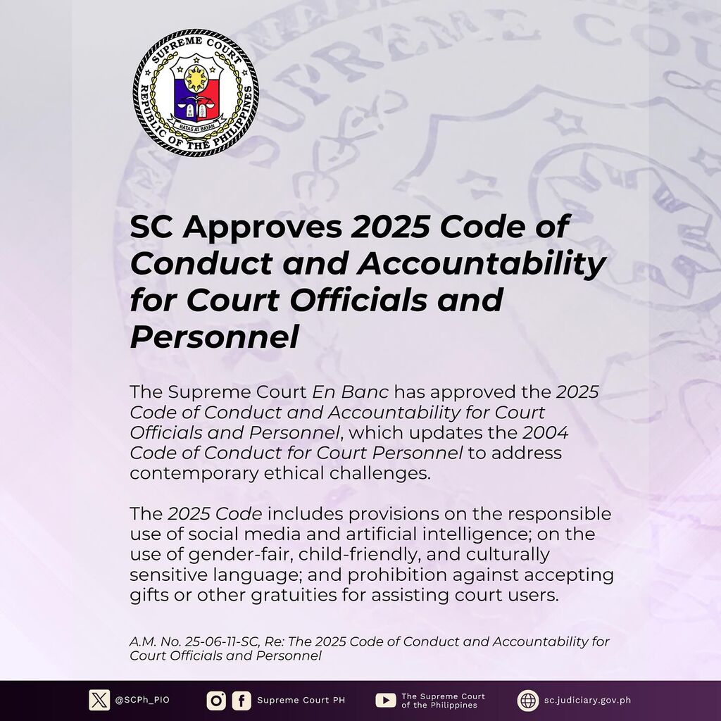 SC Approves 2025 Code of Conduct and Accountability for Court Officials and Personnel