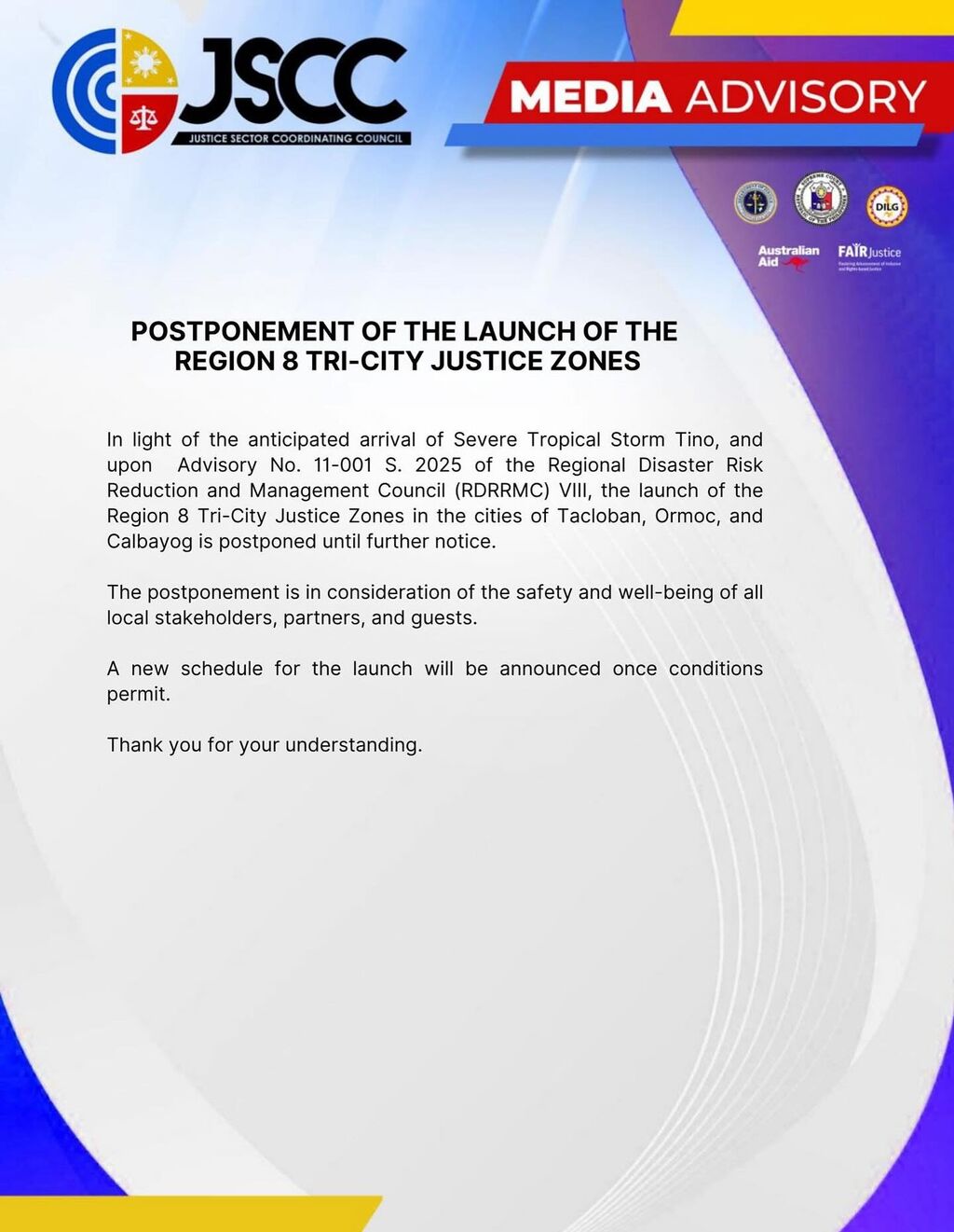 JSCC A𝗗𝗩𝗜𝗦𝗢𝗥𝗬 Re: Postponement of Launch of Region 8 Tri-City