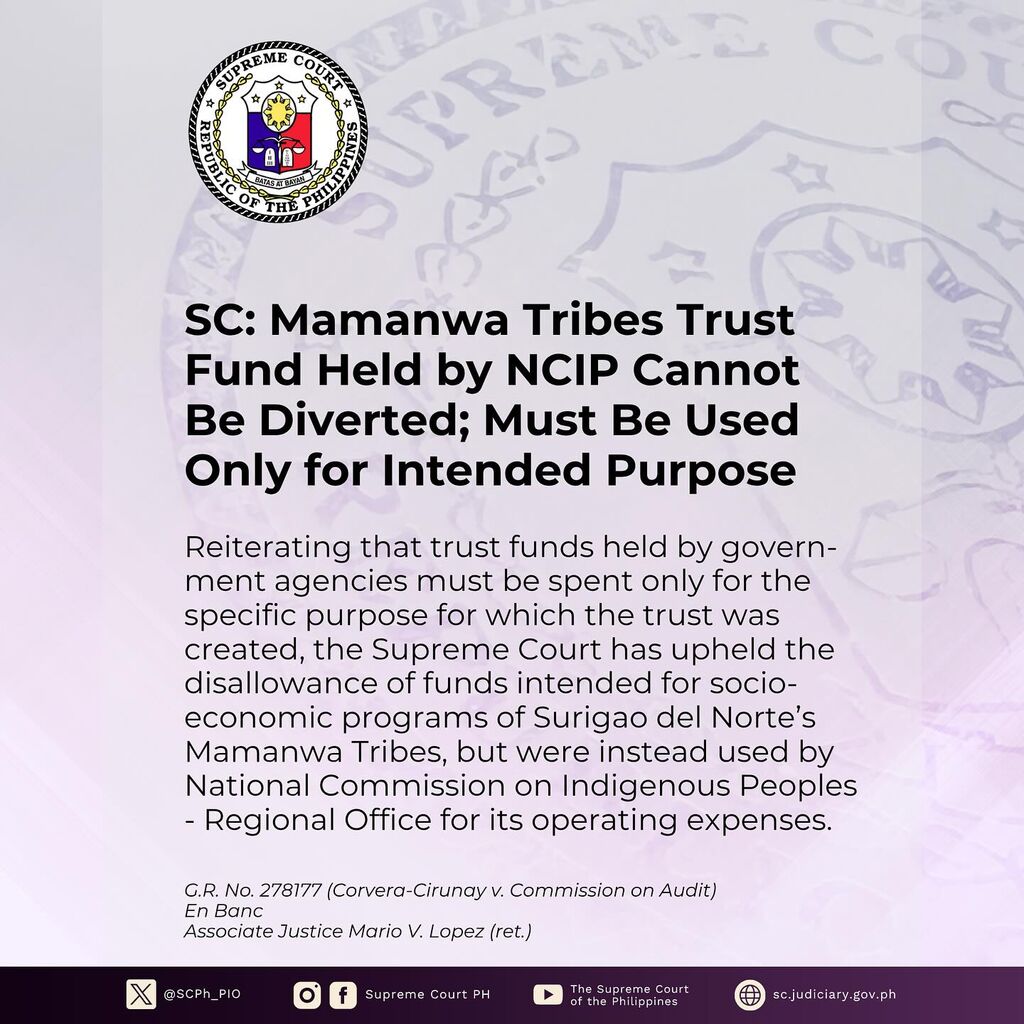 SC: Mamanwa Tribes Trust Fund Held by NCIP Cannot Be Diverted; Must Be Used Only for Their Intended Purpose