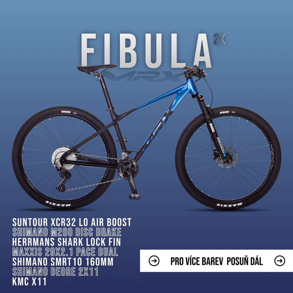 MRX FIBULA 2X 29" Elite | Na&scaron;e kola řady Elite spojuj&iacute; lehk&yacute; hlin&iacute;kov&yacute; r&aacute;m ER25, vzduchovou vidlici SUNTOUR XCR32 LO AIR a spolehliv&yacute; pohon SHIMANO Deore 2x11.