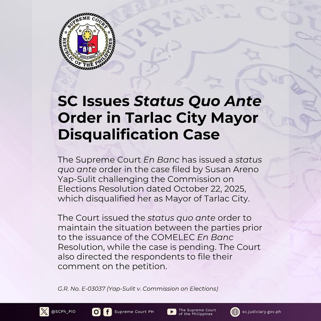 SC Issues Status Quo Ante Order in Tarlac City Mayor Disqualification Case