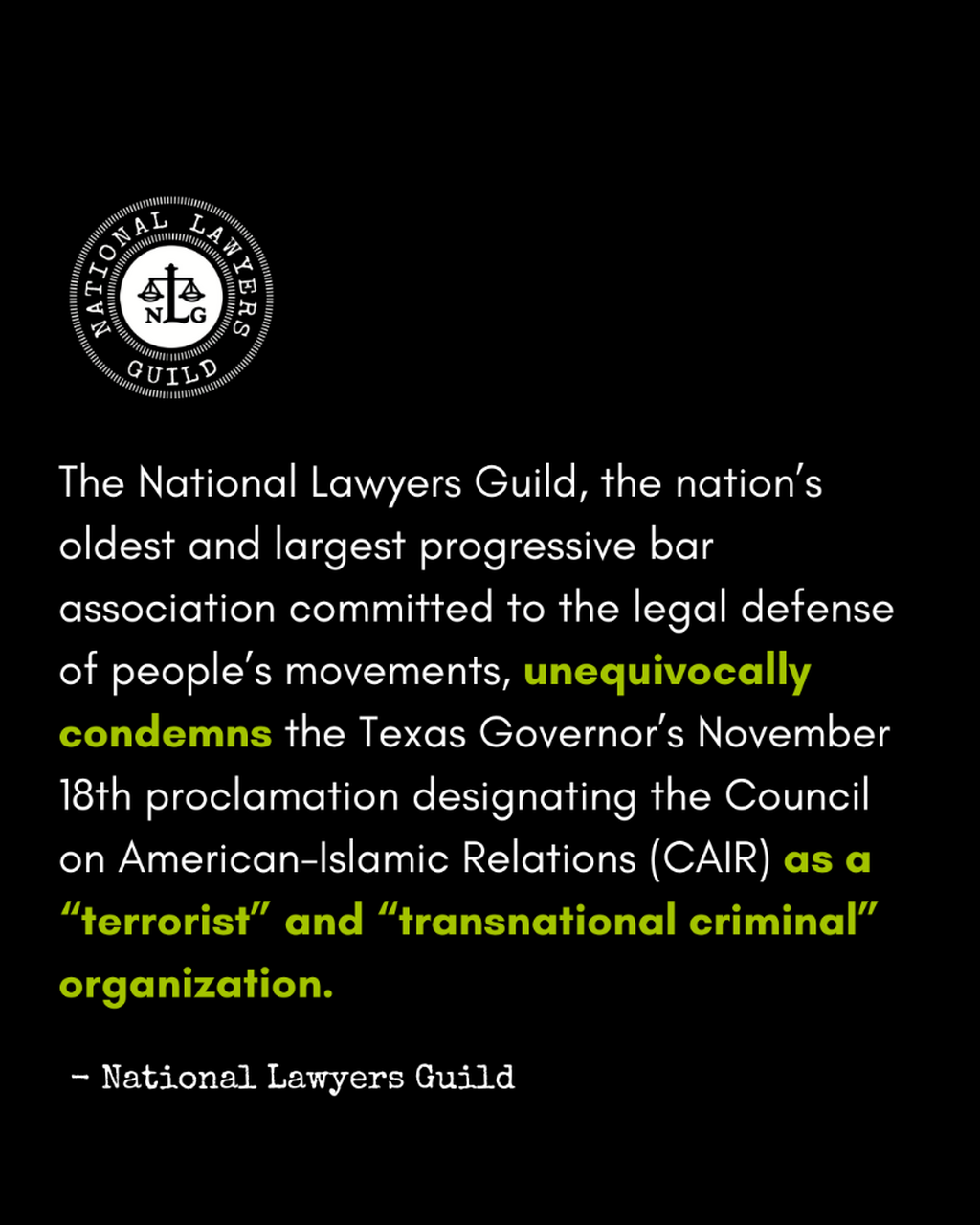 NLG Condemns Texas&rsquo; Unlawful and Discriminatory Designation of CAIR as a &ldquo;Terrorist Organization&rdquo;