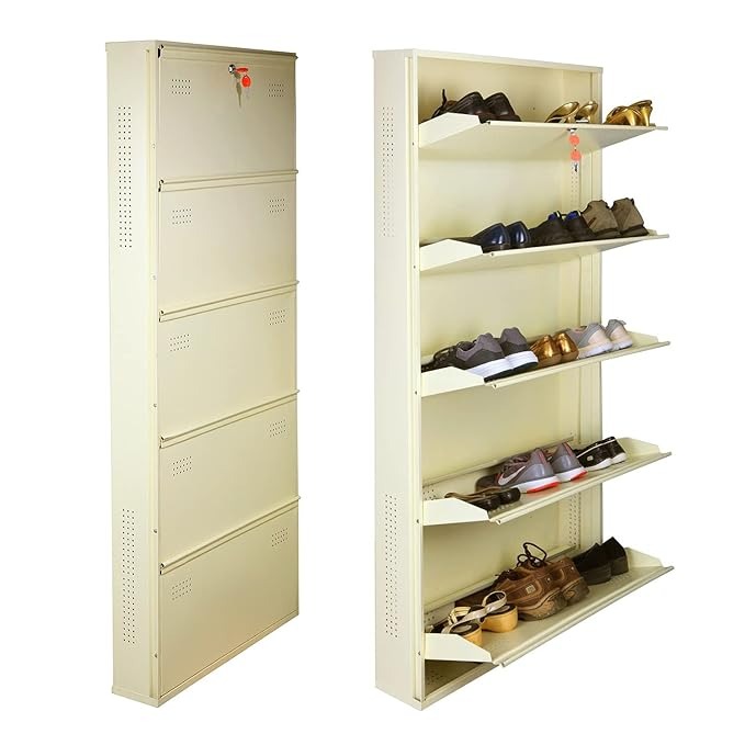 Laxmi KAPAT 5 Door Metal Shoe Rack Wall Mounted for Home with Central Locking, Can Hold Upto 25 Shoes Pair, 3 Year Warranty (67 x 28 x 6 Inch, Ivory)