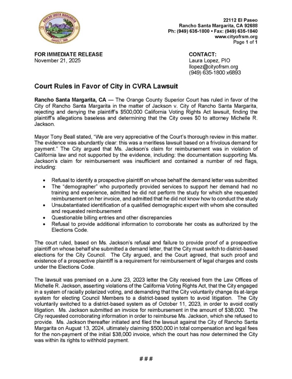 Press Release - City Prevails in Lawsuit