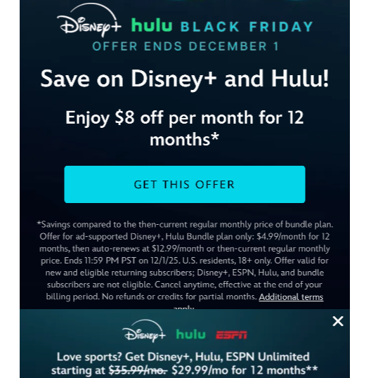 Disney + Hulu Black Friday sale !!