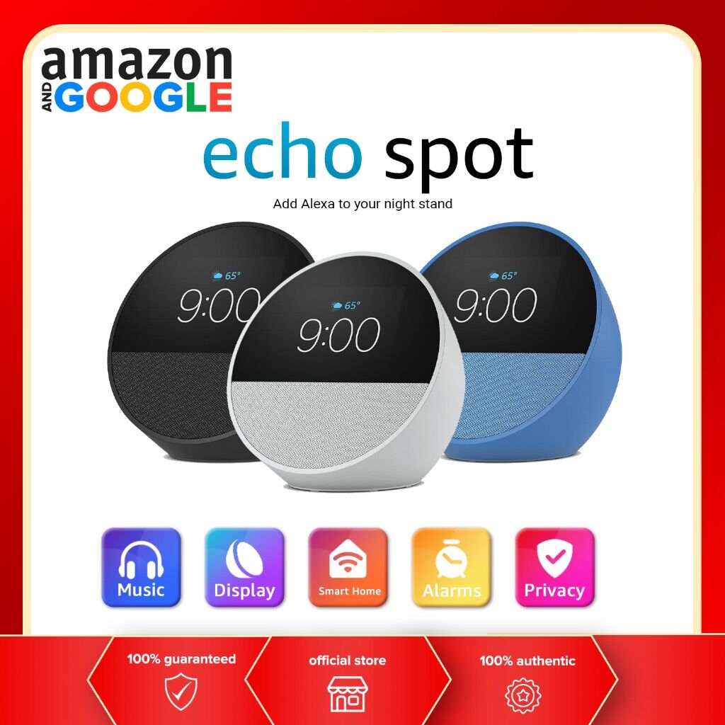 ￼Amazon Echo Spot Speaker (2024 release), Smart alarm clock with vibrant sound and Alexa