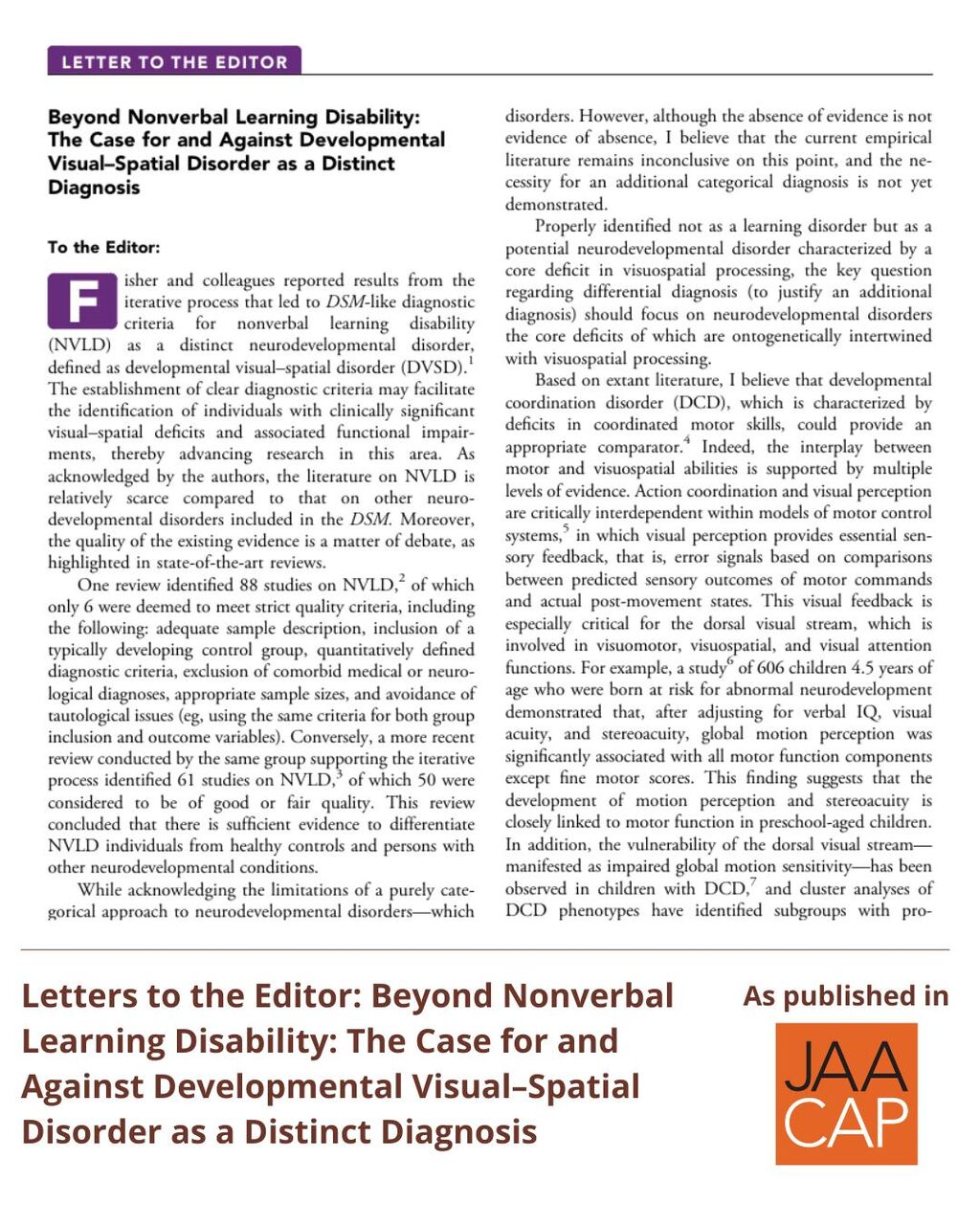 JAACAP 1225 LTEs Beyond Nonverbal Learning Disability